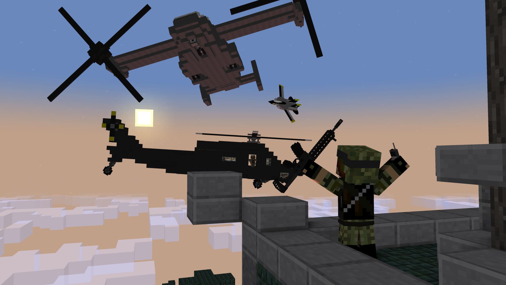 4K Ultra HD Minecraft wallpaper featuring a pixelated soldier waving near helicopters flying over blocky clouds at sunset in a video game setting.