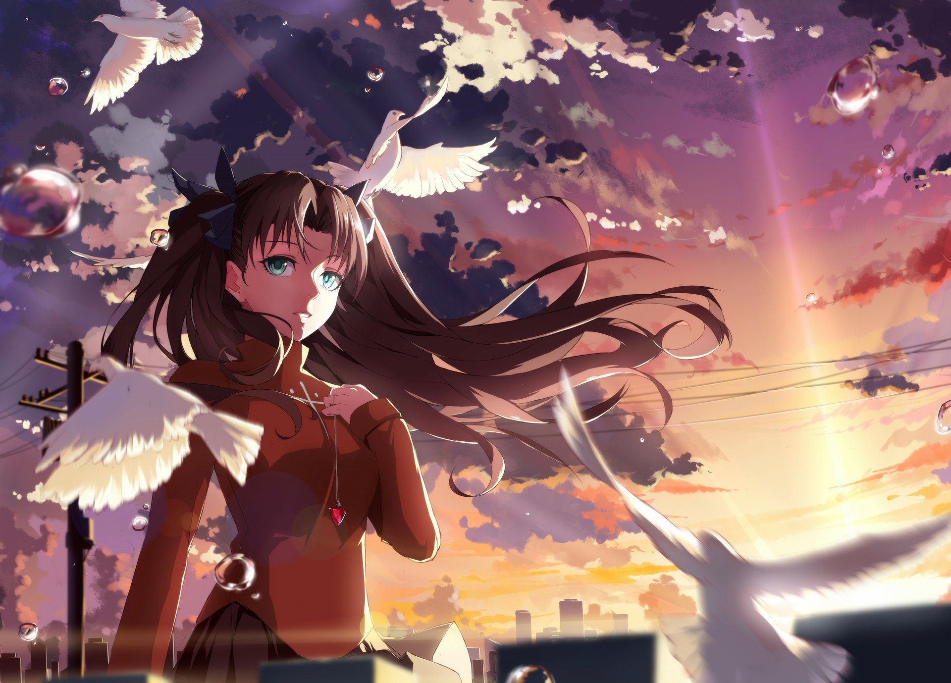 HD PC desktop wallpaper featuring Rin Tohsaka from the anime Fate/Stay Night, set against a vibrant sunset sky with birds flying around her.