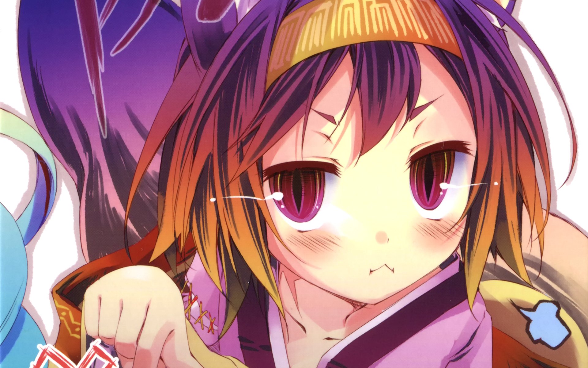 HD anime desktop wallpaper featuring a close-up of a character from No Game No Life with vibrant hair and intense red eyes.