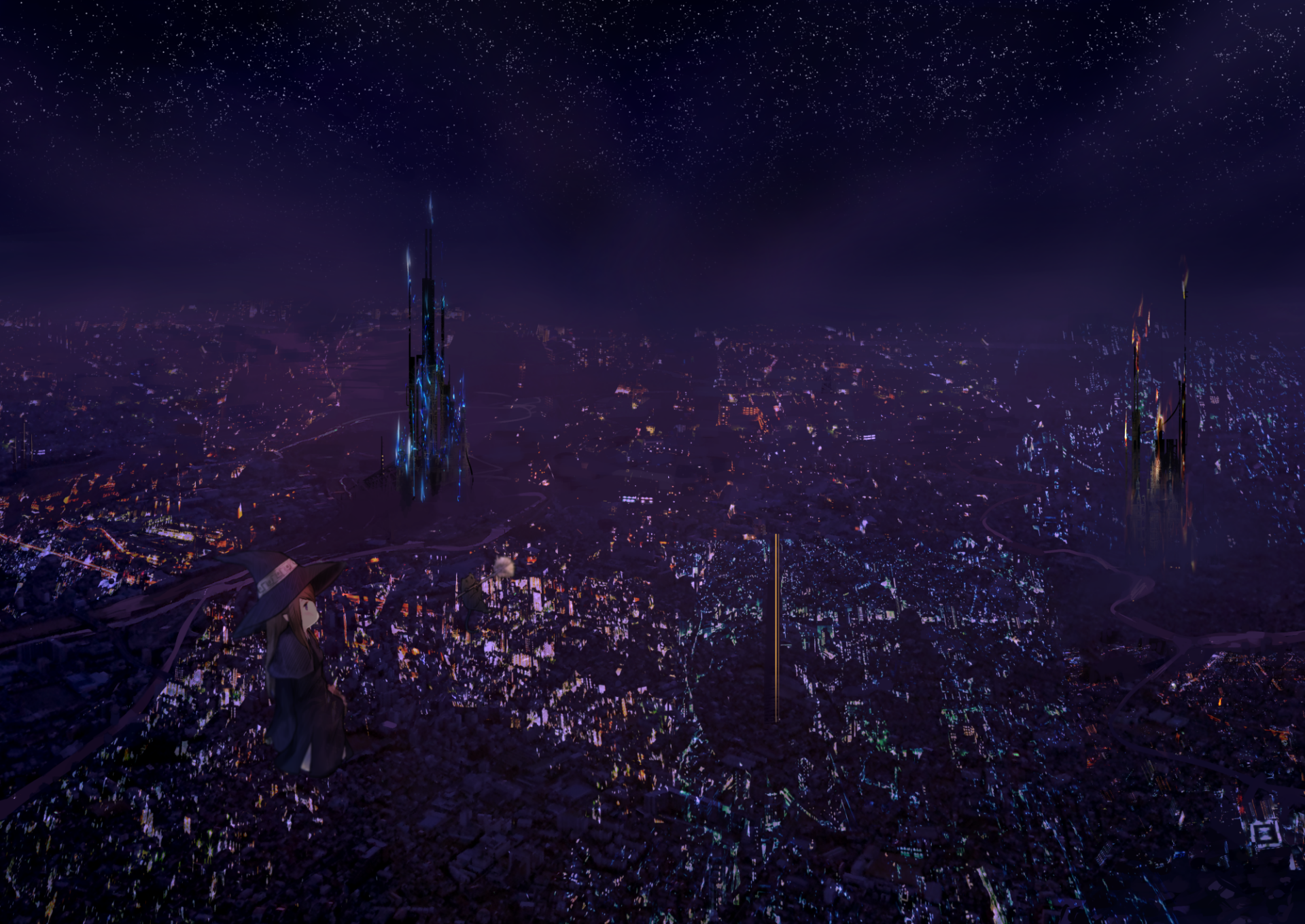 HD anime-style original desktop wallpaper depicting a futuristic cityscape at night with glowing skyscrapers and a dark, starry sky.