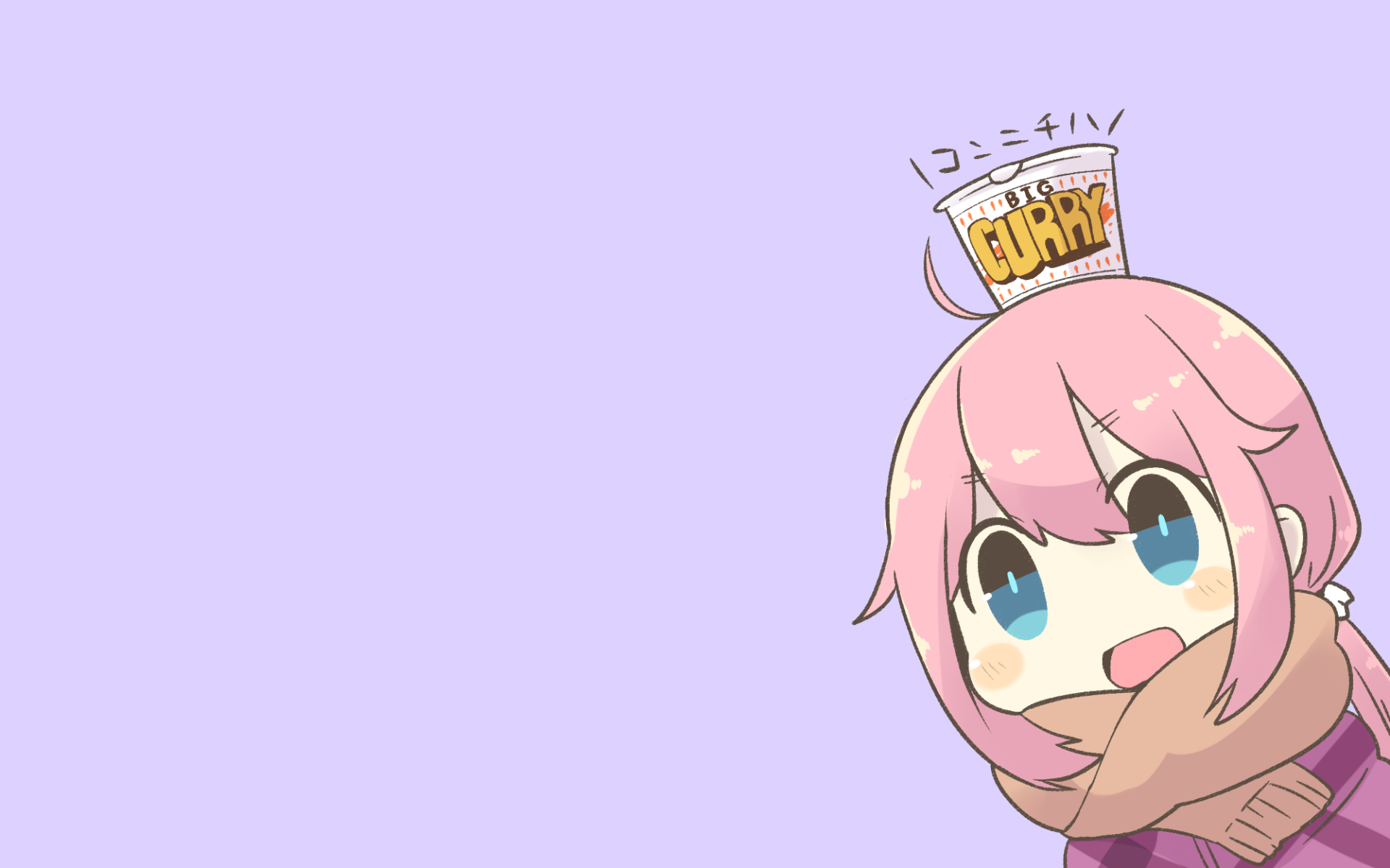 HD desktop wallpaper featuring Nadeshiko Kagamihara from the anime Laid-Back Camp, with a cup of noodles on her head, set against a light purple background.