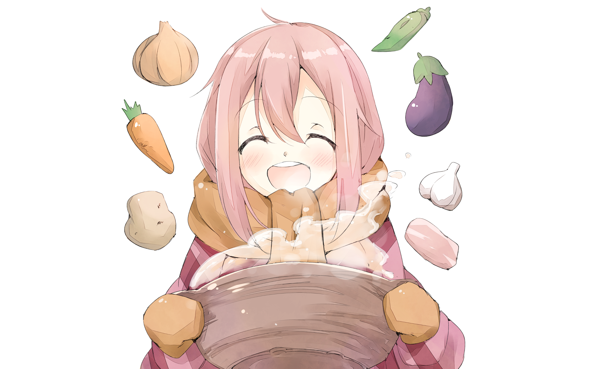 HD PC desktop wallpaper featuring Nadeshiko Kagamihara from the anime Laid-Back Camp joyfully enjoying a steaming bowl of food surrounded by floating vegetables.