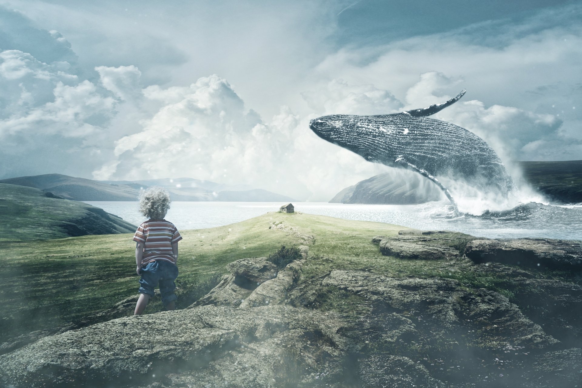 A surreal 4K Ultra HD landscape wallpaper showing a child watching a giant whale breaching over rocky cliffs, blending photography and digital manipulation.