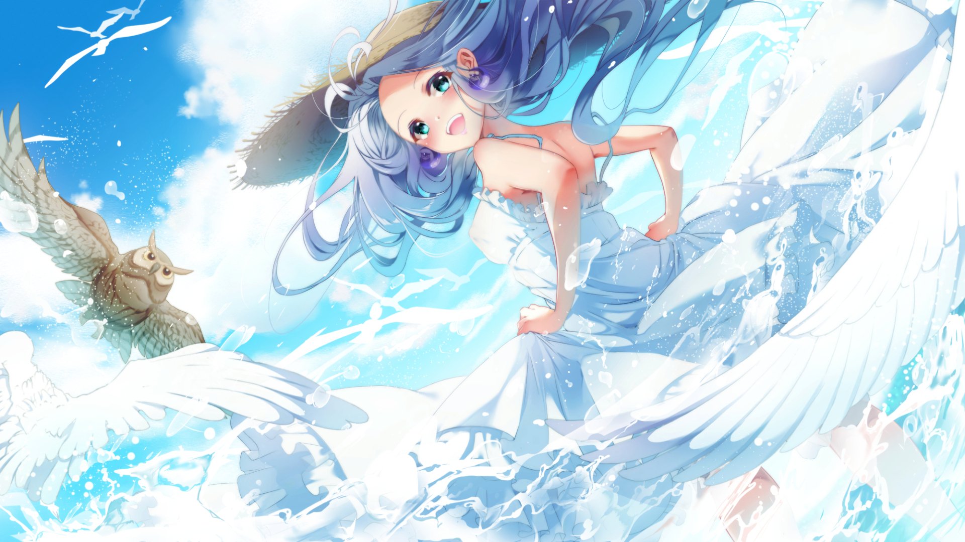 Anime girl with aqua hair and blue eyes wearing a straw hat and dress, surrounded by birds in flight, with an owl nearby. HD desktop wallpaper and background.