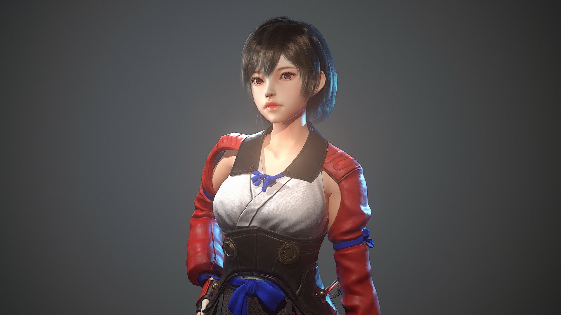 HD anime desktop wallpaper of Mumei from Kabaneri of the Iron Fortress, featuring her short black hair and striking orange eyes.