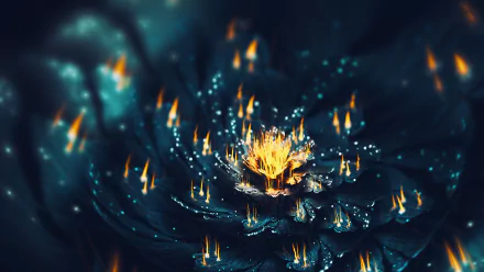 An HD desktop wallpaper featuring a psychedelic, trippy abstract fractal flower with vibrant colors and fiery accents.