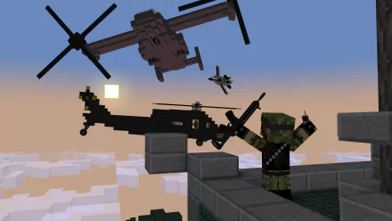 4K Ultra HD Minecraft wallpaper featuring a pixelated soldier waving near helicopters flying over blocky clouds at sunset in a video game setting.