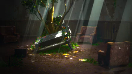 HD wallpaper depicting a serene scene from Darling in the FranXX with a piano intertwined with a tree, bathed in sunlight, surrounded by old chairs and fallen leaves.