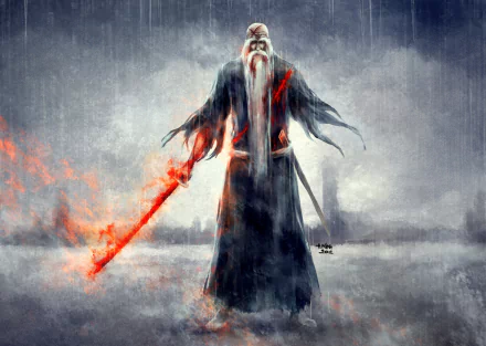 HD PC desktop wallpaper featuring Genryūsai Shigekuni Yamamoto from the anime Bleach, depicted with a fiery sword in a dramatic, stormy setting.