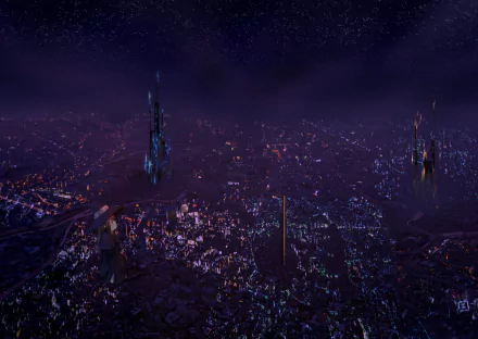 HD anime-style original desktop wallpaper depicting a futuristic cityscape at night with glowing skyscrapers and a dark, starry sky.