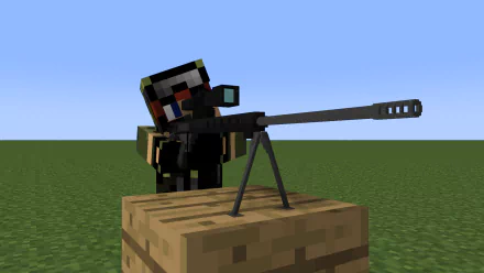 HD Minecraft desktop wallpaper featuring a video game sniper character aiming with a long-range rifle on a wooden block against a clear sky background.