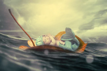 Ocean scene: manipulated photography of a sleeping baby with mermaid tail on a leaf drifting across waves; 2K Quad HD PC desktop wallpaper background.