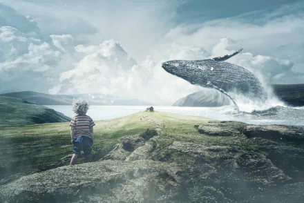 A surreal 4K Ultra HD landscape wallpaper showing a child watching a giant whale breaching over rocky cliffs, blending photography and digital manipulation.