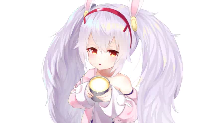 HD desktop wallpaper featuring Laffey from Azur Lane. An anime character with long, light lavender hair, bunny ears, and a soft, thoughtful expression, holding a glowing round object.
