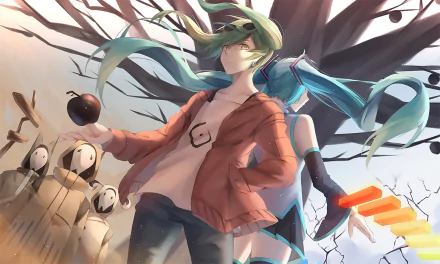 HD anime wallpaper featuring Hatsune Miku from Vocaloid, showcasing dynamic poses and vibrant colors in a detailed background, designed for PC desktops.