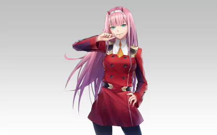 HD desktop wallpaper featuring Zero Two from Darling in the FranXX, showcasing her in a red uniform with long pink hair and a confident pose, against a simple gray background.