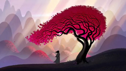 An HD desktop wallpaper featuring Samurai Jack standing under a vibrant, bending tree with a mountainous background.