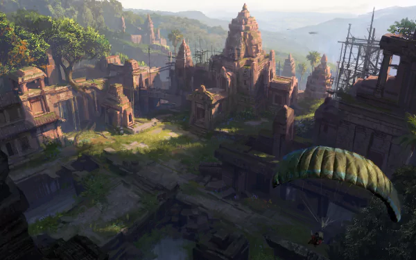 HD desktop wallpaper featuring a fantasy landscape of ancient temple ruins with a person parachuting towards them. Lush greenery and distant mountains enhance the mystical atmosphere.