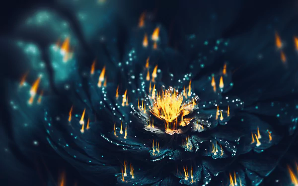 An HD desktop wallpaper featuring a psychedelic, trippy abstract fractal flower with vibrant colors and fiery accents.