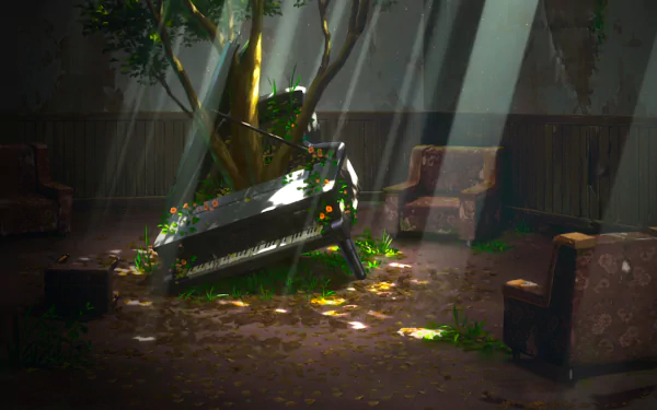 HD wallpaper depicting a serene scene from Darling in the FranXX with a piano intertwined with a tree, bathed in sunlight, surrounded by old chairs and fallen leaves.