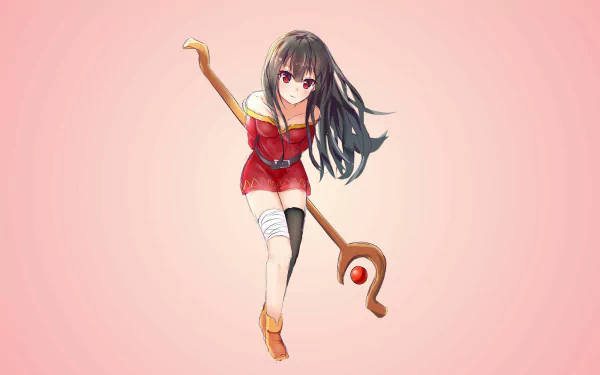 HD desktop wallpaper featuring a character from KonoSuba: God's Blessing on This Wonderful World!! anime, with long dark hair, a red outfit, and holding a staff, set against a pink gradient background.