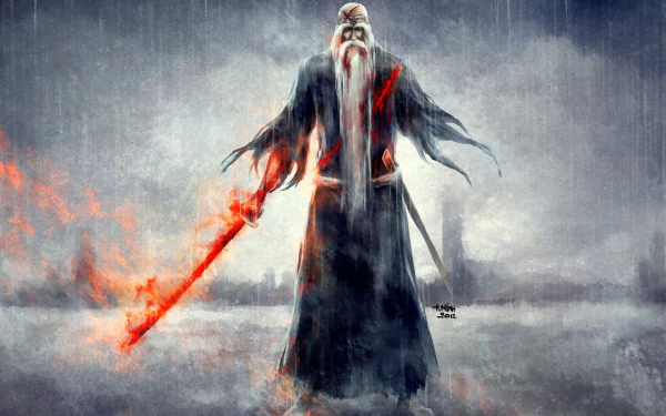 HD PC desktop wallpaper featuring Genryūsai Shigekuni Yamamoto from the anime Bleach, depicted with a fiery sword in a dramatic, stormy setting.