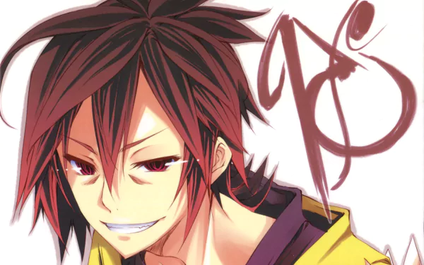 HD anime desktop wallpaper featuring Sora from No Game No Life with a confident smirk and stylized signature on a light background.