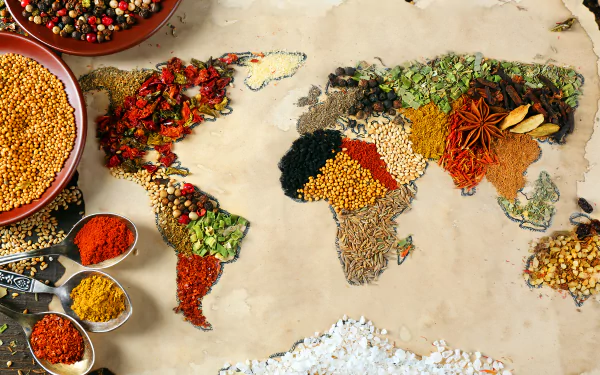 HD desktop wallpaper featuring a world map creatively crafted from a variety of vibrant spices and herbs, evoking a sense of global culinary exploration.