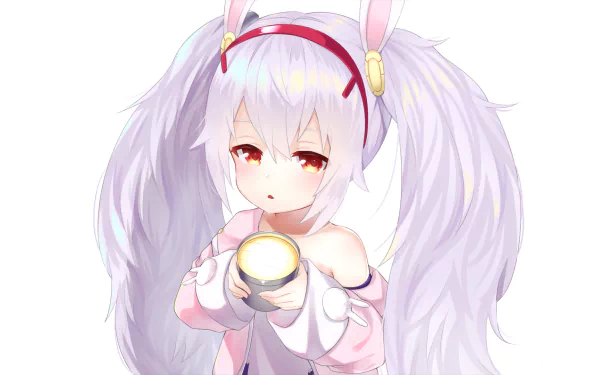 HD desktop wallpaper featuring Laffey from Azur Lane. An anime character with long, light lavender hair, bunny ears, and a soft, thoughtful expression, holding a glowing round object.