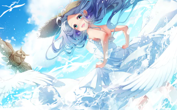 Anime girl with aqua hair and blue eyes wearing a straw hat and dress, surrounded by birds in flight, with an owl nearby. HD desktop wallpaper and background.