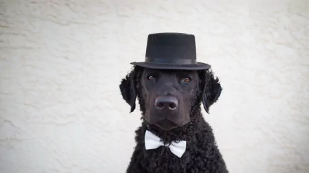 Curly-coated retriever dog portrait, muzzle centered, wearing a top hat and bow tie against a pale wall — HD PC desktop wallpaper.