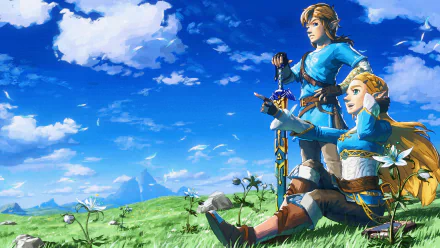 HD desktop wallpaper featuring Link and Zelda from The Legend of Zelda: Breath of the Wild, set in a scenic field under a bright blue sky with clouds.