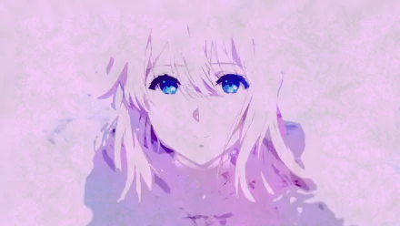 HD anime wallpaper featuring Violet Evergarden with soft pastel tones and striking blue eyes, capturing the character’s delicate and serene expression.