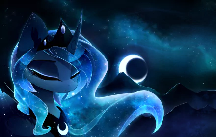 HD desktop wallpaper featuring Princess Luna from My Little Pony: Friendship Is Magic, with blue hues, stars, and a crescent moon in a night sky background.