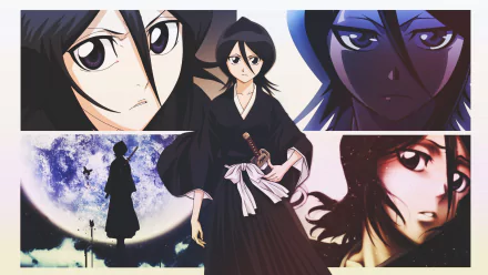 HD PC desktop wallpaper featuring multiple artistic portraits of Rukia Kuchiki from the anime Bleach, showcasing her in various emotional and action scenes.