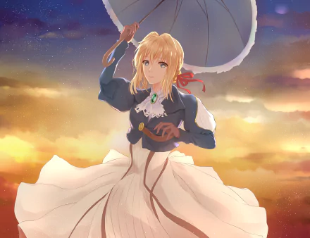 Violet Evergarden anime wallpaper - Violet in blue uniform and white skirt holding a parasol against a golden sunset, 2K Quad HD PC desktop background.