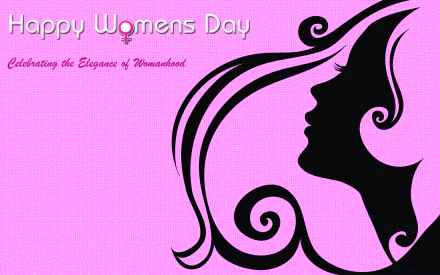 HD desktop wallpaper celebrating Women's Day with a pink background, stylized woman's silhouette, and the message Happy Women's Day honoring the elegance of womanhood.