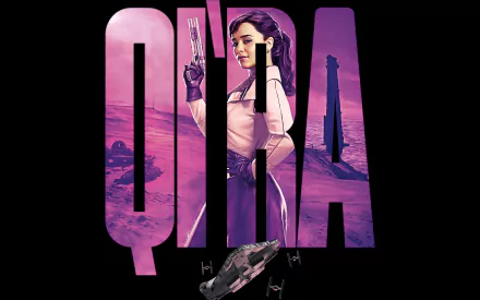 HD PC desktop wallpaper featuring Qi'ra from Solo: A Star Wars Story, portrayed by Emilia Clarke, with a purple-toned background and Star Wars spacecraft and landscape elements.
