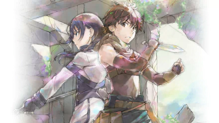 HD desktop wallpaper featuring Mary and Haruhiro from the anime Grimgar of Fantasy and Ash, standing back-to-back with determined expressions.