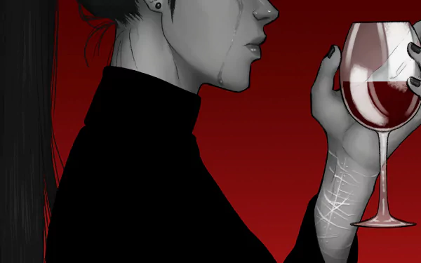 Amélie Lacroix, known as Widowmaker from Overwatch, holding a glass of red wine with tears on her face in a 4K Ultra HD video game wallpaper.