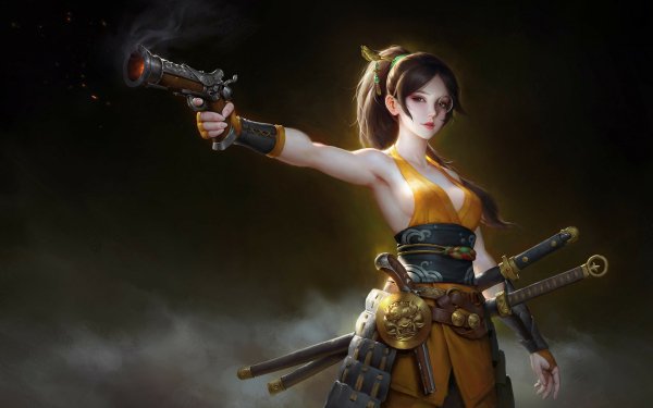 Fantasy Women Warrior Gun Oriental Woman Warrior Brown Hair HD Wallpaper | Background Image
