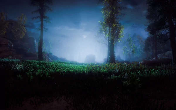 A 4K Ultra HD PC desktop wallpaper of a misty forest scene from the video game Horizon Zero Dawn, featuring dense trees and glowing atmospheric light.