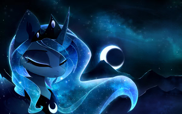 HD desktop wallpaper featuring Princess Luna from My Little Pony: Friendship Is Magic, with blue hues, stars, and a crescent moon in a night sky background.