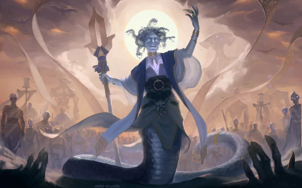 HD PC wallpaper featuring a dark necromancer Medusa with undead traits, holding a staff and surrounded by eerie, misty graveyard creatures.