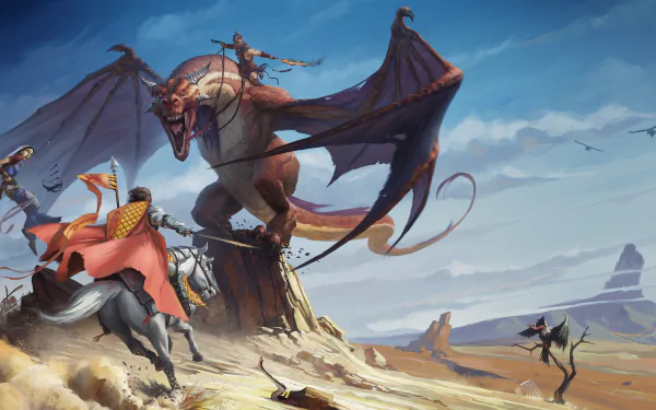 A high-definition fantasy wallpaper depicting a battle scene in a desert with knights and warriors fighting a fierce dragon, with vultures circling above.