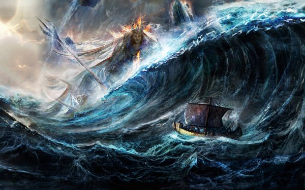 Fantasy Poseidon Deity Ocean Boat Wave HD Wallpaper | Background Image