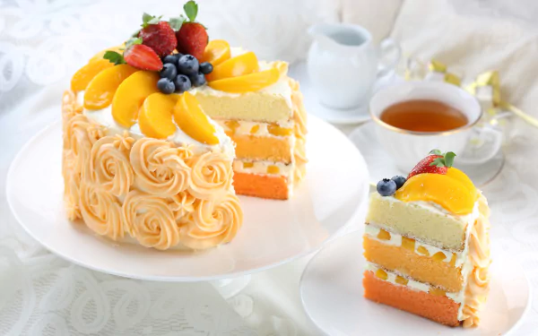 HD desktop wallpaper featuring a beautifully decorated fruit cake with peaches, strawberries, and blueberries, accompanied by a cup of tea in a bright still life setting.