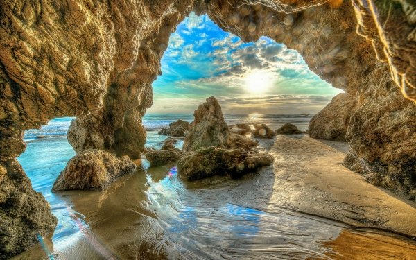Earth Cave Caves Beach Ocean Sea Sky Cloud Sunrise Horizon HDR HD Wallpaper | Background Image