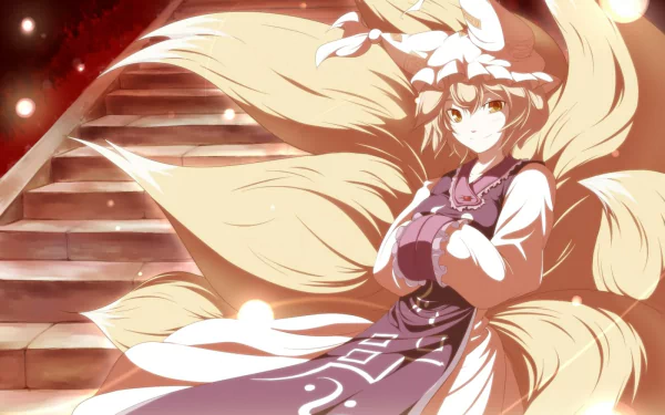 HD PC desktop wallpaper featuring Ran Yakumo from the anime Touhou, showcasing her flowing golden hair and traditional outfit in a dynamic pose.