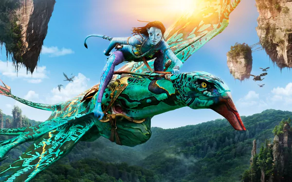 A character from the movie Avatar riding a colorful flying creature in a vibrant, floating mountain landscape. This HD desktop wallpaper and background captures an adventurous scene from the film.